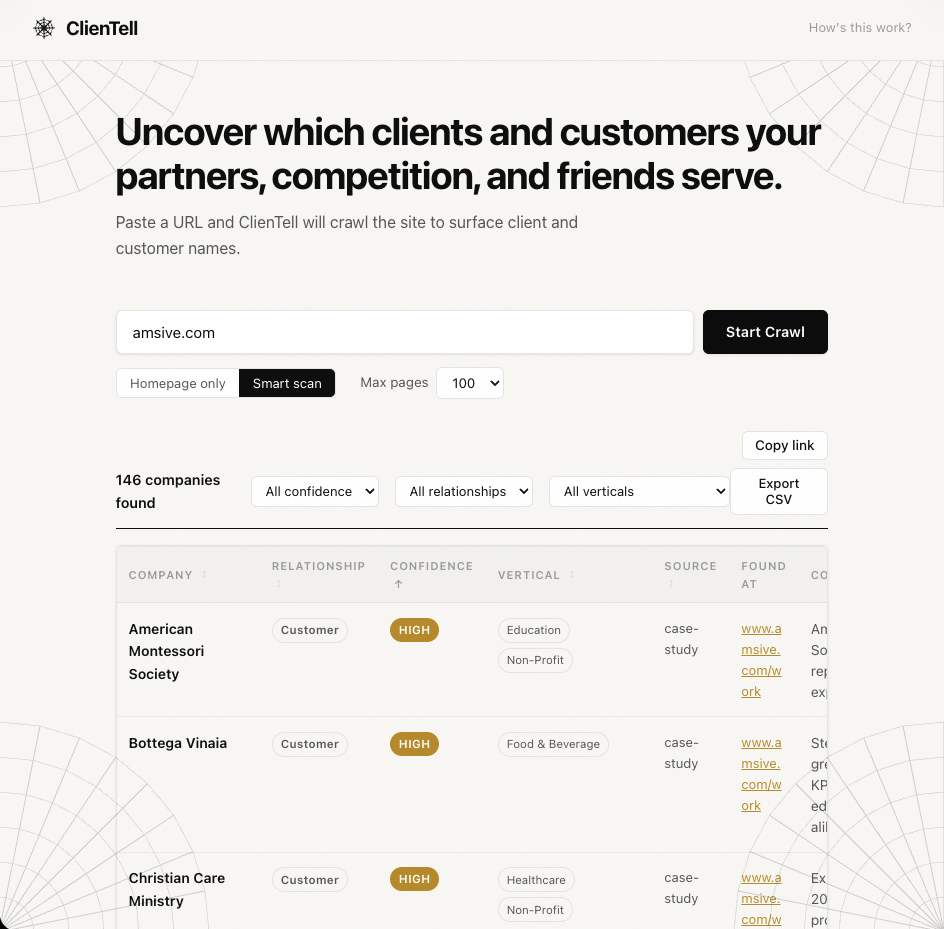A ClienTell crawl report listing companies found with relationship, confidence, and vertical columns.