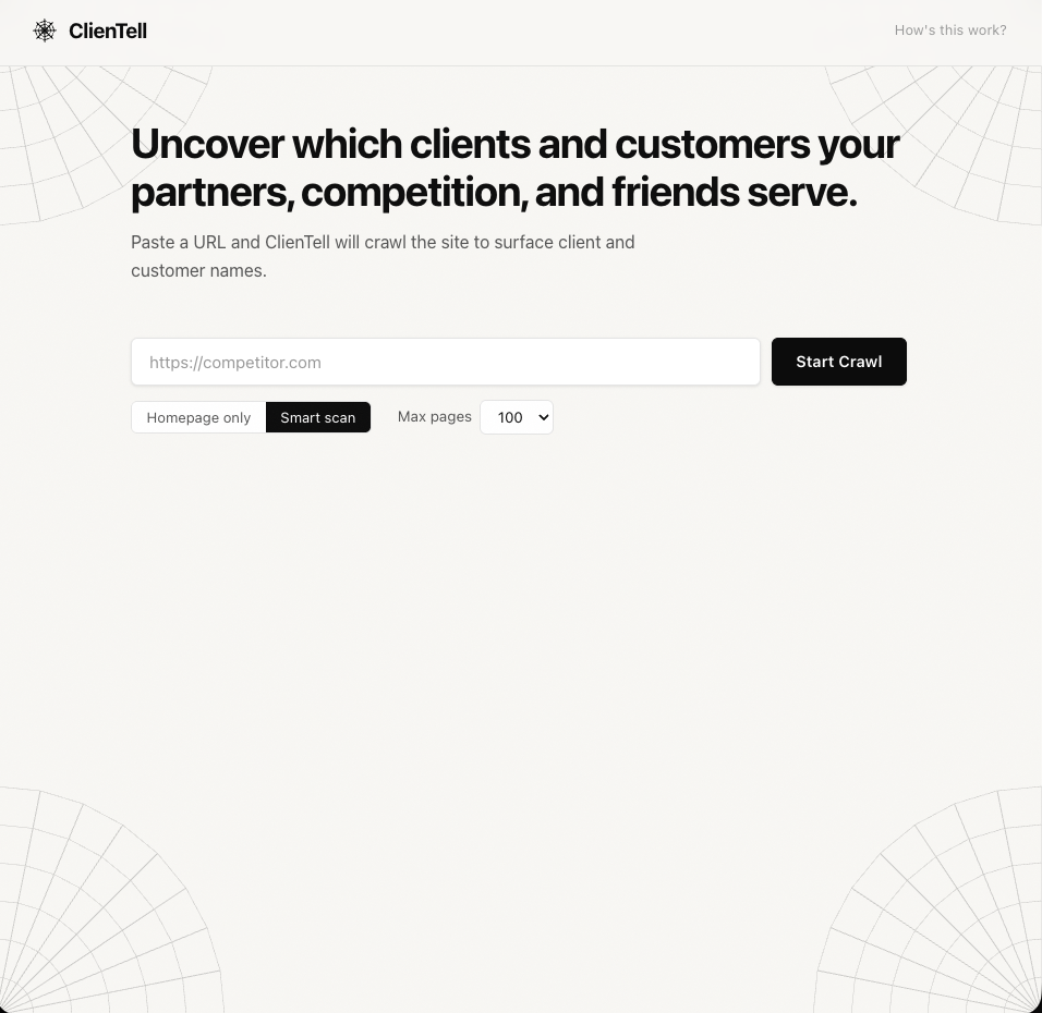 The ClienTell homepage, showing the URL field, smart scan toggle, and max pages control.