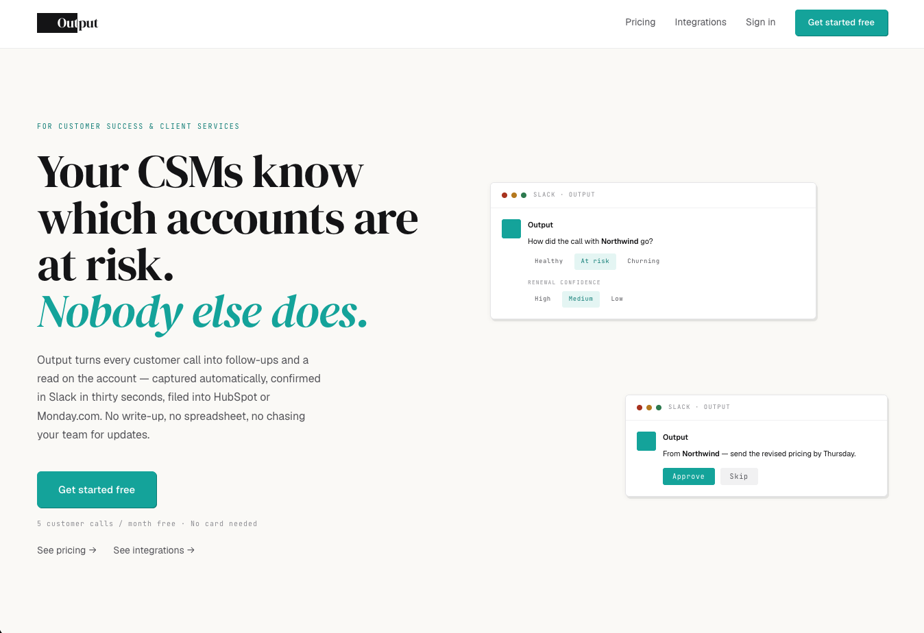 The Output marketing site, showing the action-item dashboard and the Slack approve or skip flow.